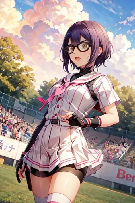 <lora:0849Hsakagami:1>,sakagami,white baseball_uniform,pink vertical-striped,pleated skirt,sailor_collar,eyewear,bike shorts under skirt,fingerless gloves,