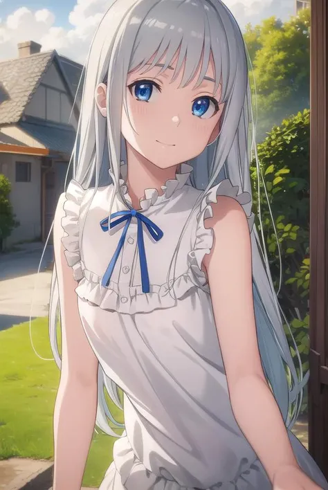 meikohonma, <lora:meiko honma s1-lora-nochekaiser:1>,
meiko honma, long hair, blue eyes, grey hair, smile,
BREAK dress, sleeveless, sleeveless dress,
BREAK outdoors, house, fields, grass, sky, sun, clouds,
BREAK looking at viewer, (cowboy shot:1.5),
BREAK <lyco:GoodHands-beta2:1>, (masterpiece:1.2), best quality, high resolution, unity 8k wallpaper, (illustration:0.8), (beautiful detailed eyes:1.6), extremely detailed face, perfect lighting, extremely detailed CG, (perfect hands, perfect anatomy),