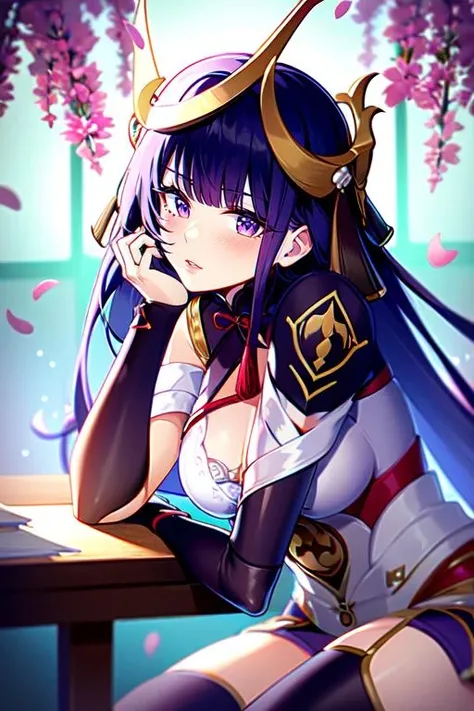 1girl, raiden shogun boss, solo, breasts, official alternate costume, long hair, purple eyes, purple hair, mole under eye, large breasts, cleavage, looking at viewer, mole, purple thighhighs, bangs, hair ornament, thighs, joints, very long hair, thighhighs, purple nails, parted lips, armor, mitsudomoe \(shape\), blush, tomoe \(symbol\), bridal gauntlets, gloves, head rest, indoors, sitting, hand on own cheek, table, side view, electricity, sakura trees background, pink leafs falling, <lora:Raiden_Shogun_Boss:1>