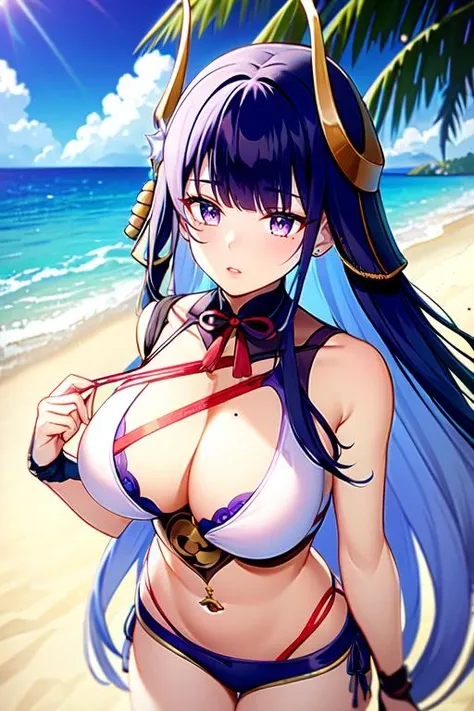 1girl, raiden shogun boss, solo, breasts, long hair, purple eyes, purple hair, mole under eye, bikini, beach shorts, large breasts, looking at viewer, bangs, hair ornament, thighs, very long hair, purple nails, parted lips, tomoe \(symbol\), gloves, beach background, beautiful beach, sunny day, daylight, vertical lightining, <lora:Raiden_Shogun_Boss:1>