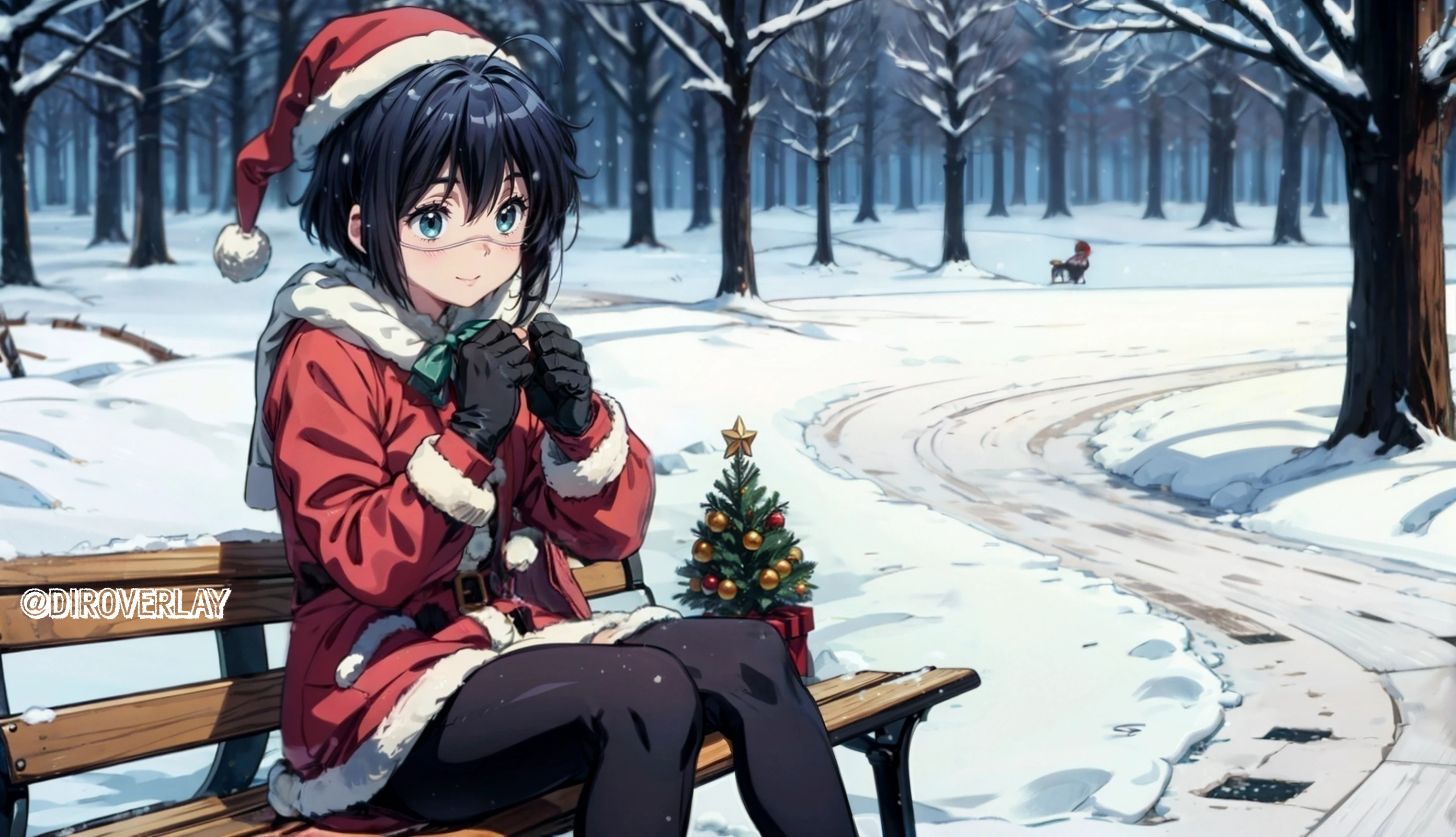 rikka takanashi, beautiful hands, perfect hands, perfect female body, ultra detailed 8k cg, full body, slight smile, fingers crossed, Hands in gloves, gloves,
school uniform, jacket, Warm clothes, down jacket, down jacket for a girl, Girl in warm clothes, winter clothes, ral-chrcrts, a santa hat, Christmas tree,
<lora:rikka:0.8>, <lora:add_detail:1>, <lora:easynegative:1>, <lora:ral-chrcrts-sdxl:1>,
Winter, snowfall, snow, white snow, snow falling, cold, sitting, bench, sitting on a bench,