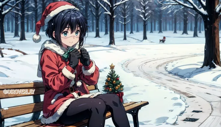 rikka takanashi, beautiful hands, perfect hands, perfect female body, ultra detailed 8k cg, full body, slight smile, fingers crossed, Hands in gloves, gloves,
school uniform, jacket, Warm clothes, down jacket, down jacket for a girl, Girl in warm clothes, winter clothes, ral-chrcrts, a santa hat, Christmas tree, 
<lora:rikka:0.8>,  <lora:add_detail:1>, <lora:easynegative:1>, <lora:ral-chrcrts-sdxl:1>, 
Winter, snowfall, snow, white snow, snow falling, cold, sitting, bench, sitting on a bench,