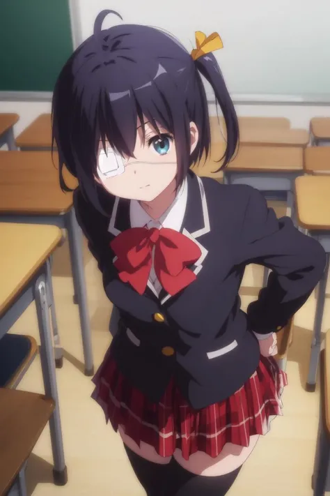 (masterpiece, best quality),<lora:rikka:0.8>, rikka takanashi, from above, eyepatch, school uniform, jacket, plaid skirt, black thighhighs, curious, looking at viewer, classroom