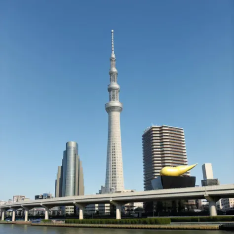 no humans, cityscape, building, asakusa, sumidabashi, SUMIDA, photo background, lamppost, outdoors, sky, day, cloud, water <lora:sumida_v1:0.5>, tower