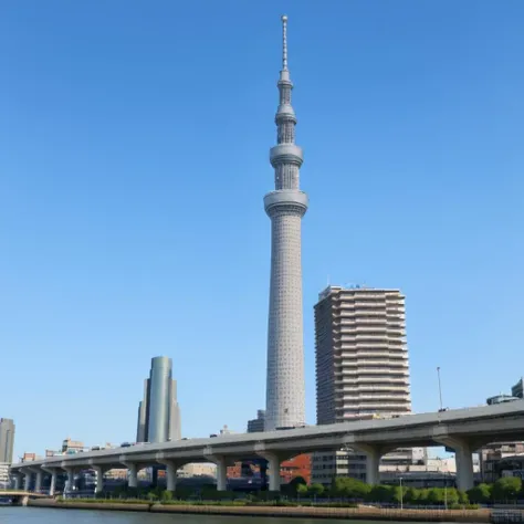 no humans, cityscape, building, asakusa, sumidabashi, SUMIDA, photo background, lamppost, outdoors, sky, day, cloud, water <lora:sumida_v1:0.5>, tower