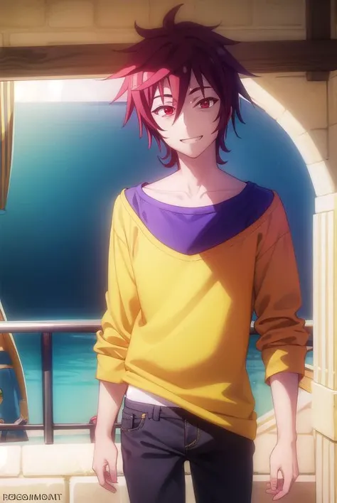 ngnlsora, <lora:ngnl sora s1-lora-nochekaiser:1>,
sora, black hair, male focus, spiked hair, (red eyes:1.3), smile, grin,
BREAK shirt, pants, yellow shirt, raglan sleeves,
BREAK indoors,
BREAK looking at viewer, (cowboy shot:1.5),
BREAK <lyco:GoodHands-beta2:1>, (masterpiece:1.2), best quality, high resolution, unity 8k wallpaper, (illustration:0.8), (beautiful detailed eyes:1.6), extremely detailed face, perfect lighting, extremely detailed CG, (perfect hands, perfect anatomy),