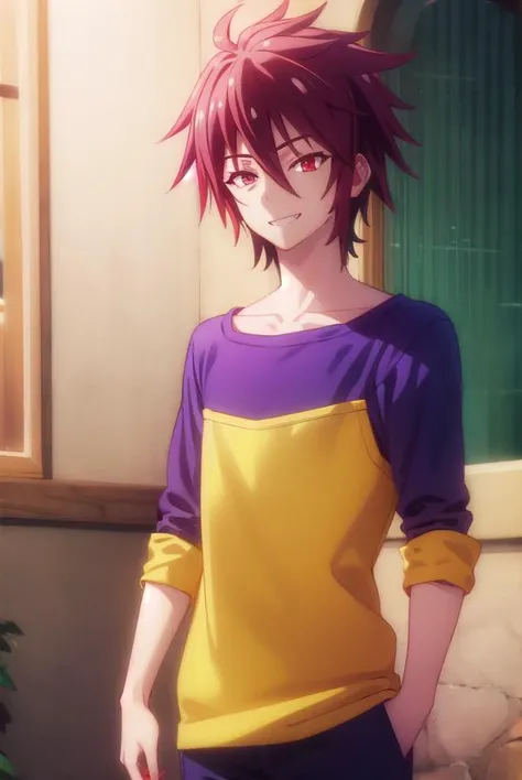 ngnlsora, <lora:ngnl sora s1-lora-nochekaiser:1>,
sora, black hair, male focus, spiked hair, (red eyes:1.3), smile, grin,
BREAK shirt, pants, yellow shirt, raglan sleeves,
BREAK indoors,
BREAK looking at viewer, (cowboy shot:1.5),
BREAK <lyco:GoodHands-beta2:1>, (masterpiece:1.2), best quality, high resolution, unity 8k wallpaper, (illustration:0.8), (beautiful detailed eyes:1.6), extremely detailed face, perfect lighting, extremely detailed CG, (perfect hands, perfect anatomy),