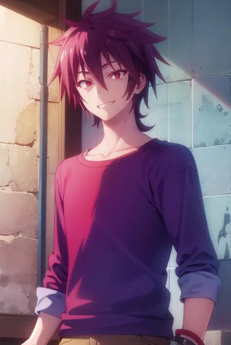 ngnlsora, <lora:ngnl sora s1-lora-nochekaiser:1>, 
sora, black hair, male focus, spiked hair, (red eyes:1.3), smile, grin,
BREAK shirt, pants, yellow shirt, raglan sleeves,
BREAK indoors,
BREAK looking at viewer, (cowboy shot:1.5),
BREAK <lyco:GoodHands-beta2:1>, (masterpiece:1.2), best quality, high resolution, unity 8k wallpaper, (illustration:0.8), (beautiful detailed eyes:1.6), extremely detailed face, perfect lighting, extremely detailed CG, (perfect hands, perfect anatomy),