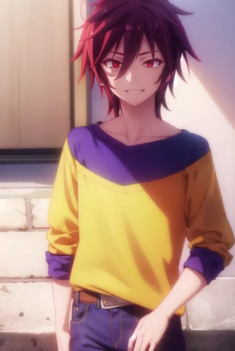 ngnlsora, <lora:ngnl sora s1-lora-nochekaiser:1>,
sora, black hair, male focus, spiked hair, (red eyes:1.3), smile, grin,
BREAK shirt, pants, yellow shirt, raglan sleeves,
BREAK indoors,
BREAK looking at viewer, (cowboy shot:1.5),
BREAK <lyco:GoodHands-beta2:1>, (masterpiece:1.2), best quality, high resolution, unity 8k wallpaper, (illustration:0.8), (beautiful detailed eyes:1.6), extremely detailed face, perfect lighting, extremely detailed CG, (perfect hands, perfect anatomy),