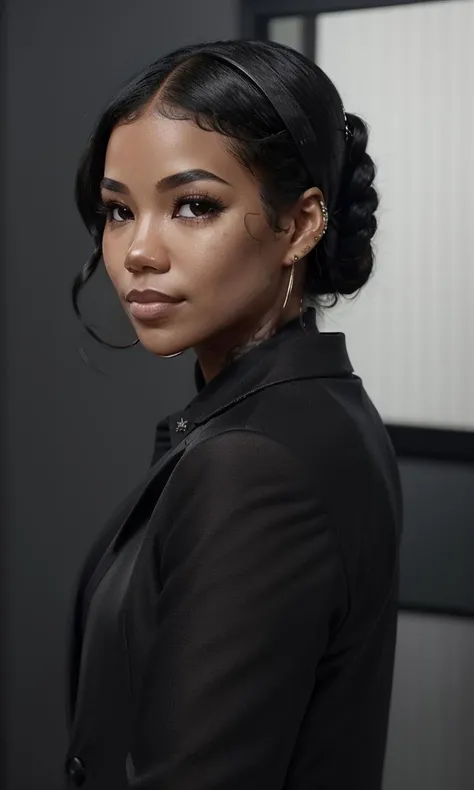 jhene1, 1girl, wearing suit, black hair, dark skin, beautiful portrait, hyper realistic, raw image, 8k, uhd, best quality, award winning photo, rtx on, unreal engine 5, indoors, workplace, dreadlocks