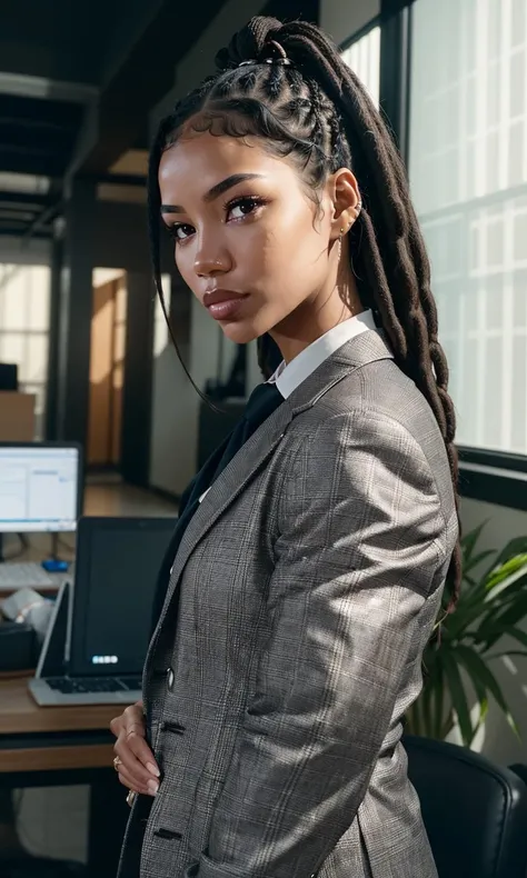 jhene1, 1girl, wearing suit, black hair, dark skin, beautiful portrait, hyper realistic, raw image, 8k, uhd, best quality, award winning photo, rtx on, unreal engine 5, indoors, workplace, dreadlocks,