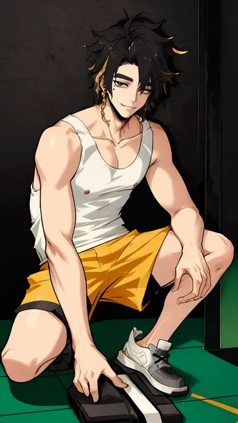 1boy,white tank top,<lora:ä¿®æneg4all_bdsqlsz_V3.5:1>,two tone hair,masterpiece,best quality,shorts,<lora:tlk-7:1>,(mole under eyes:0.7),prison,