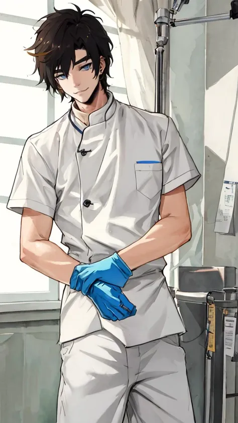 1boy,<lora:ä¿®æneg4all_bdsqlsz_V3.5:1>,masterpiece,best quality,shorts,(mole under eyes:0.7),prison,nude,nurse,skinny,blue rubber gloves,Needle,infirmary,medium_shot,watercolor_(medium),looking_at_viewer,<lora:tlk-7:0.9>,cowboy_shot,Nurse uniform,hospital,hand holding needle,white pants