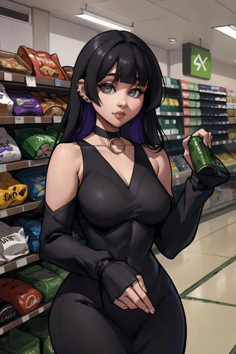 1girl, (solo:1.2), (head in frame:1.5), curvy, (easy going:1.3), (closed mouth:1.2), (cowboy shot:1.4), <lora:PA-san [nochekaiser881 - v1.0]:1> pasan, black hair, blunt bangs, blunt ends, chin piercing, colored inner hair, ear piercing, (grey eyes:1.5), hime cut, long hair, medium bangs, multicolored hair, piercing, purple hair, bare shoulders, black choker, black dress, black sleeves, choker, clothing cutout, detached sleeves, dress, gothic, shoulder cutout, sleeves past fingers, sleeves past wrists, very long sleeves, (masterpiece:1.3), (best quality:1.3), (perfect anatomy:1.4), highly detailed, (japanese convenience store:1.4), (inside:1.3), modern, (konbini), shelves, groceries,, <lora:Zako (Arvinry) [MockAi - v1.0]:0.8> zako, (plump:1.2), sketchy lineart, thick lineart, colorful, shiny skin