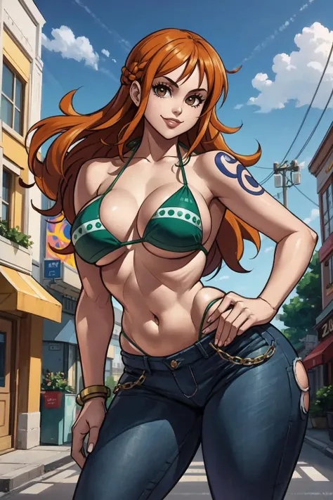 1girl, (solo:1.2), (curvy:1.2), (masterpiece:1.2), (best quality:1.2), (perfect anatomy:1.4), (posing:1.5), (confident:1.2), smile
<lora:Zako (Arvinry) [MockAi - v1.0]:0.8> zako, (plump:1.2), sketchy lineart, thick lineart, colorful, shiny skin, (huge breasts:1.2), (cowboy shot:1.2), <lora:Nami [zezelash - v2.0]:0.7>, NamiOP, one piece, orange hair, long hair, brown eyes, (open hair:1.2), beautiful face, (green bikini:1.2), blue pants, jeans,, (small town:1.3), street, daylight, blue sky, western architecture