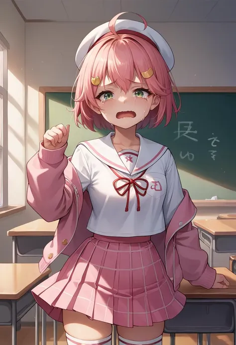 score_9, score_8_up, source_anime, 1girl, solo, MikoSchool, ahoge, short hair, hairclip, white headwear, school uniform, white shirt, sailor collar, pink skirt, plaid, thighhighs, pink jacket, indoors, classroom, chalkboard, crying, wavy mouth, open mouth, <lora:CHAR-SakuraMikoPonyXL:1>