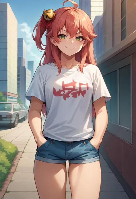 score_9, score_8_up, source_anime, 1girl, solo, SakuraMiko, long hair, ahoge, one side up, hair bell, t-shirt, denim shorts, standing, outdoors, city, hands in pockets, thighs, smirk, <lora:CHAR-SakuraMikoPonyXL:1>