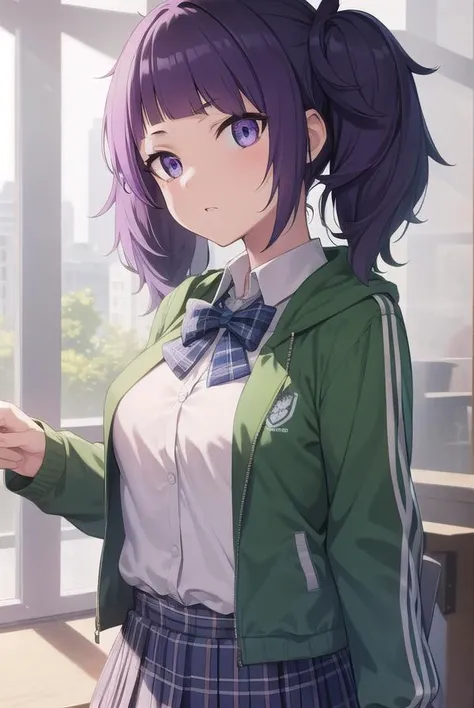mamimitanaka, <lyco:mamimitanaka-lyco-nochekaiser:1>,
mamimi tanaka, asymmetrical bangs, blunt bangs, diagonal bangs, (purple eyes:1.1), purple hair, twintails,
BREAK school uniform, jacket, green jacket, (jacket partially removed:1.5), shirt, collared shirt, white shirt, bow, blue bow, skirt, plaid, plaid skirt, pleated skirt, short skirt,
BREAK looking at viewer,
BREAK indoors, classroom,
BREAK <lyco:GoodHands-beta2:1>, (masterpiece:1.2), best quality, high resolution, unity 8k wallpaper, (illustration:0.8), (beautiful detailed eyes:1.6), extremely detailed face, perfect lighting, extremely detailed CG, (perfect hands, perfect anatomy),