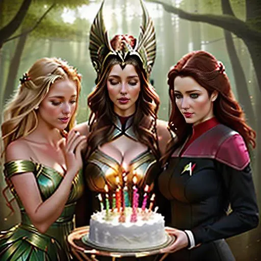 fantasy art, 3 friends celebrating a birthday ADDCOMM
1girl, standing, blonde hair, dress made of leaves, nature, <lora:Seraphina:0.6> ADDCOL
1girl, sitting, blowing out candles on a birthday cake, winged valkyrie helmet, arbiter, <lora:Raid_Arbiter:0.8> ADDCOL
1girl, standing, brunette hair, ds9st red and black uniform, <lora:Ds9Divi:0.6>