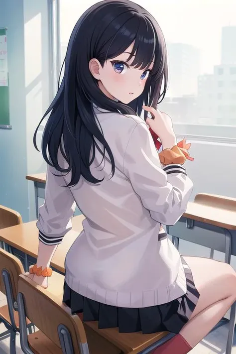 masterpiece, best quality,ultra detail, girl,aarikka,long hair,bangs,school uniform,red bowtie,white cardigan,white shirt,long sleeves,wrist scrunchie,orange scrunchie,black skirt,socks,red socks, <lora:takarada_rikka:0.7>,from back,classroom