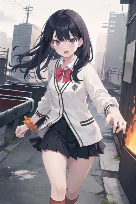 masterpiece, best quality,ultra detail, girl,aarikka,long hair,bangs,school uniform,red bowtie,white cardigan,white shirt,long sleeves,wrist scrunchie,orange scrunchie,black skirt,socks,red socks, <lora:takarada_rikka:0.7>,broken city,fire,run away,tear,open mouth