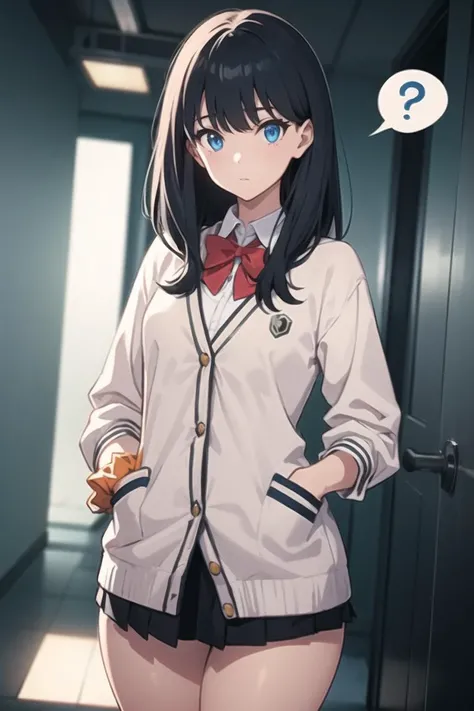 1girl,blue eyes,aarikka,school uniform,red bowtie,white cardigan,long sleeves,wrist scrunchie,orange scrunchie,black skirt,thick thigh,hands in pocket,corridor,innocent,look at viewer,spoken question mark<lora:takarada_rikka:0.75:lbw=sd>