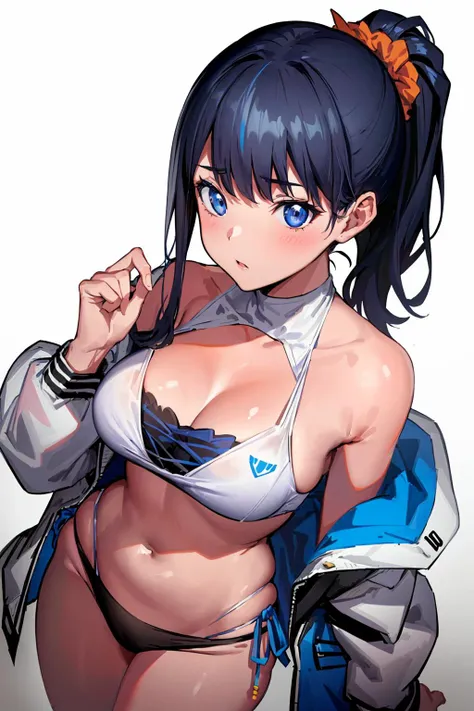 boyish,Black hair with a slight bluish tinge,earrings,shortcut,cool type girl,C cup,I take off half of my fashionable clothes,face close up,High quality,Super high quality,The background is white with blue ink,naked,tits,nipple,tongue out,Saucy