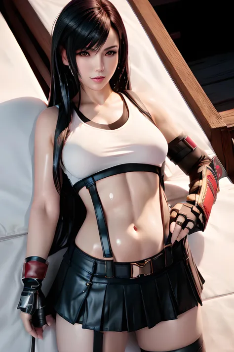 (masterpiece, 最high quality, high quality, high resolution), 1 girl, very beautiful detailed face tifa, tifa lockhart, Final Fantasy, white crop top, elbow pads, fingerless gloves, suspenders, pencil skirt, whole body, looking at the viewer, medium breasts, cleavage, white t-shirt, sexy look, short skirt, mini skirt, pencil skirt, beautiful butt, beautiful breasts, big breasts, cute face, セクシーな女性のmasterpiece, sexy girl, hot, game, realistic, 超realistic, R18, 超realisticistic, black hair, long hair, straight hair, fine hair, intricate details, Super detailed, photorealistic, nude, underboob, side boob, cute tits, Wet, hot A beautiful dress ,in the room, lay on the bed, embarrassing, I can see my pants