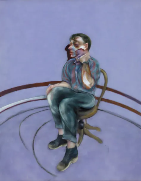 <lora:fbac:0.8>fbac, man with distorted face sitting, lilac colored wall