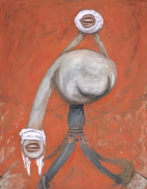 Create a realistic image of an elderly woman, 90 years old, obese, with black and dark skin, wearing a white shirt and black skirt and glasses, lifting the body of a 25-year-old woman from the ground by the waist and lifting it high into the air, with light white skin, long brown hair, slim body, completely naked with her breasts exposed and wearing short denim shorts