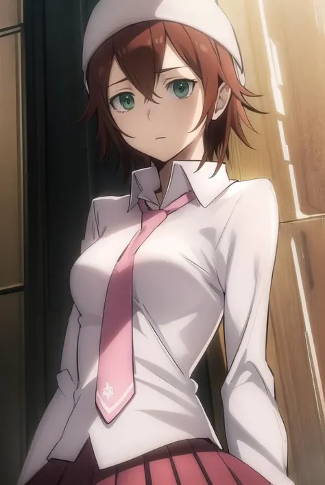 muste piece, best quality, 1 girl,brown hair, (black eye:1.2),((Office Lady)、((stockings))、((embarrassed expression))、((Nami))、((Photo from below))、(((blouse)))、((short hair))、((C cup breasts))、((mini skirt))、((panties))
