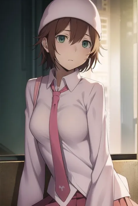 mikaharima, <lora:mika harima s1-lora-nochekaiser:1>,
mika harima, short hair, brown hair, (green eyes:1.3),
BREAK skirt, shirt, hat, beanie, school uniform, pleated skirt, necktie, white shirt, collared shirt, long sleeves, red skirt, pink necktie,
BREAK indoors, classroom,
BREAK looking at viewer, (cowboy shot:1.5),
BREAK <lyco:GoodHands-beta2:1>, (masterpiece:1.2), best quality, high resolution, unity 8k wallpaper, (illustration:0.8), (beautiful detailed eyes:1.6), extremely detailed face, perfect lighting, extremely detailed CG, (perfect hands, perfect anatomy),