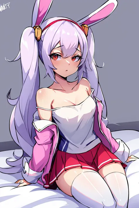 <lora:Bigdead_Style_Dim32:0.8>,masterpiece, best quality, highres, aalaffey, long hair, collarbone, white shirt, white camisole, off shoulder, pink jacket, open clothes, long sleeves, pleated skirt, red skirt, white thighhighs, <lora:laffey_(azur_lane)_v1:0.7>,