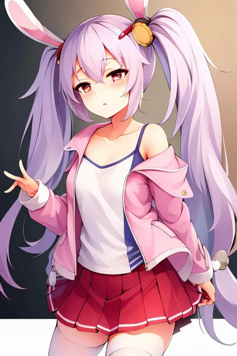 <lora:ricegnat_style:0.8>,masterpiece, best quality, highres, aalaffey, long hair, collarbone, white shirt, white camisole, off shoulder, pink jacket, open clothes, long sleeves, pleated skirt, red skirt, white thighhighs, <lora:laffey_(azur_lane)_v1:0.7>,