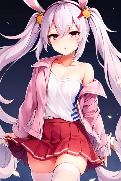 <lora:ricegnat_style:0.8>,masterpiece, best quality, highres, aalaffey, long hair, collarbone, white shirt, white camisole, off shoulder, pink jacket, open clothes, long sleeves, pleated skirt, red skirt, white thighhighs, <lora:laffey_(azur_lane)_v1:0.7>,