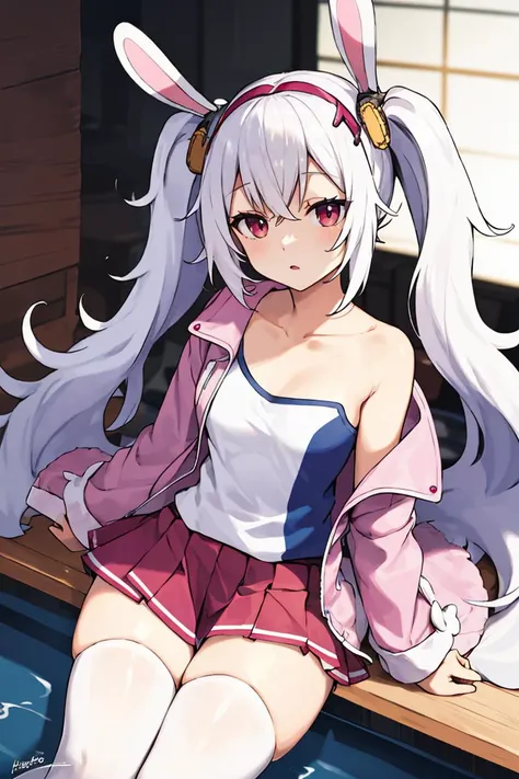 <lora:Sugimori_Ken_Style_v2:0.8>,masterpiece, best quality, highres, aalaffey, long hair, collarbone, white shirt, white camisole, off shoulder, pink jacket, open clothes, long sleeves, pleated skirt, red skirt, white thighhighs, <lora:laffey_(azur_lane)_v1:0.7>,