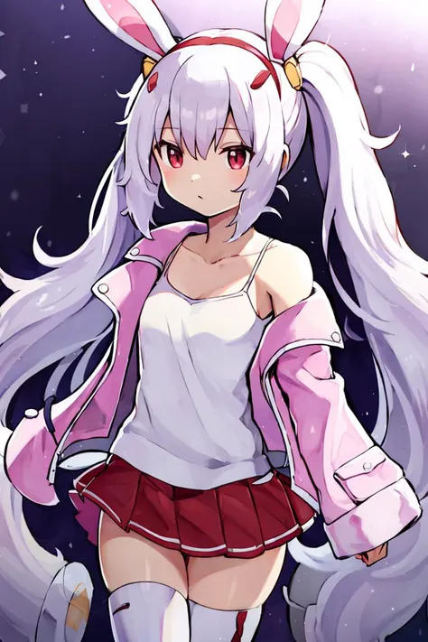 <lora:Gamma:1>,masterpiece, best quality, highres, aalaffey, long hair, collarbone, white shirt, white camisole, off shoulder, pink jacket, open clothes, long sleeves, pleated skirt, red skirt, white thighhighs, <lora:laffey_(azur_lane)_v1:0.7>,