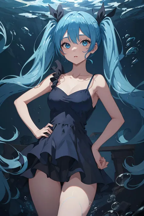 (underwater image) (masterpiece,best quality,ultra detailed) 、1girl、lghit blue hair、long hair、swimsuit dress、devil ears