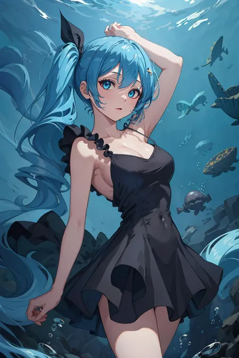 1 small curved loli，blue  hair，Lie at the bottom of the sea，full bodyesbian，Surrounded by monsters，Beauty wears transparent gel coat，Small chest，Reveals a slender waist，The lines are perfect，Raised sexy，Blushlush，Alice \(Nikke\)，Spread your legs，Hands touch the inner thighs，The shoulders and navel are clearly visible，Low angle view，