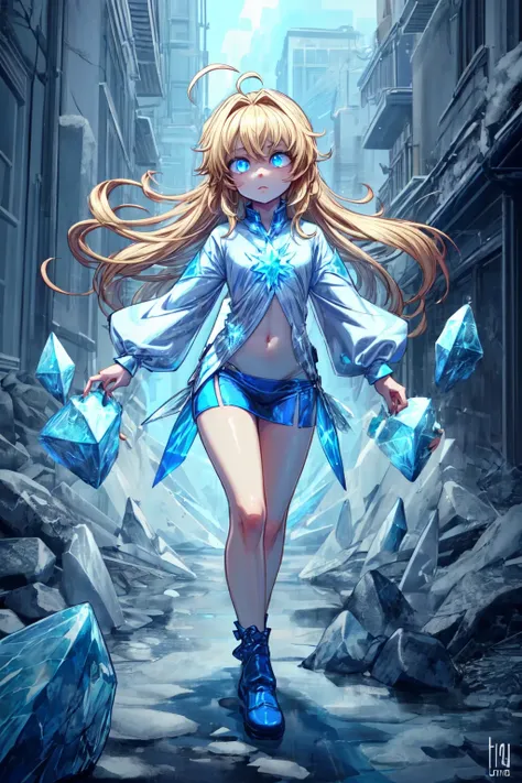 (AS-YoungerV2:1), Beautiful Lighting, (1girl:blonde hair, absurdly long hair, ahoge), (real skin), <lora:l - L| :1>,
 <lora:IceElementCh:1>, IceElementCh, ice, blue theme, glowing eyes, Clothes,, (outdoors:1.3), alley,