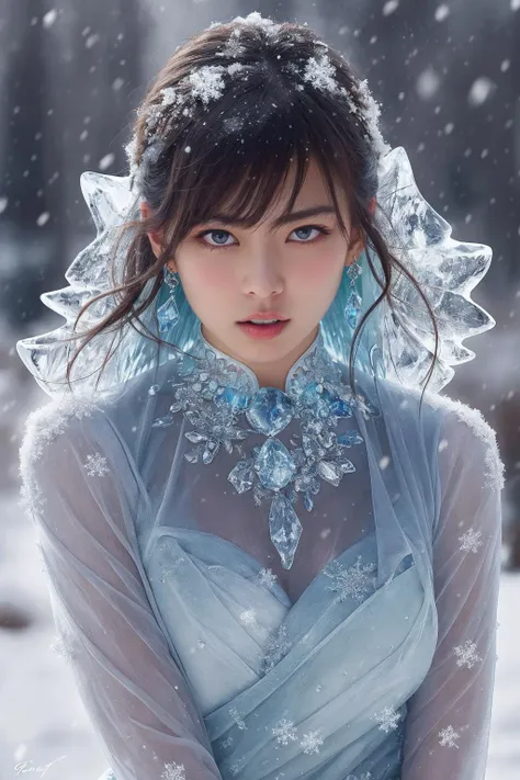 best quality, masterpiece, highres, detailed, realistic,  IceElementCh, ice, blue theme, ice body:2, an angry woman in a beautiful dress, upper body, japanese, shibuya, snow,
 <lora:IceElementCh:0.5>  <lora:Mariko Shinoda_20231222235922:0.3>