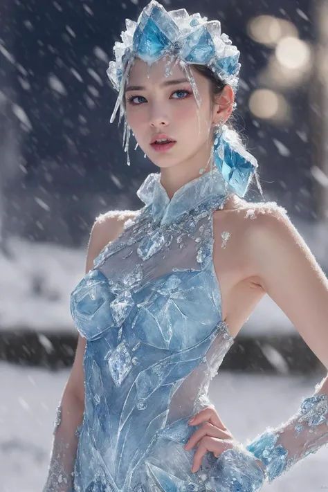 best quality, masterpiece, highres, detailed, realistic,  IceElementCh, ice, blue theme, ice body:2, an angry woman in a beautiful dress, upper body, japanese, shibuya, snow,
 <lora:IceElementCh:0.5>  <lora:Mariko Shinoda_20231222235922:0.3>