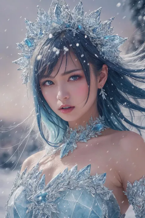 best quality, masterpiece, highres, detailed, realistic,  IceElementCh, ice, blue theme, ice body:2, an angry woman in a beautiful dress, upper body, japanese, shibuya, snow,
 <lora:IceElementCh:0.5>  <lora:Mariko Shinoda_20231222235922:0.3>