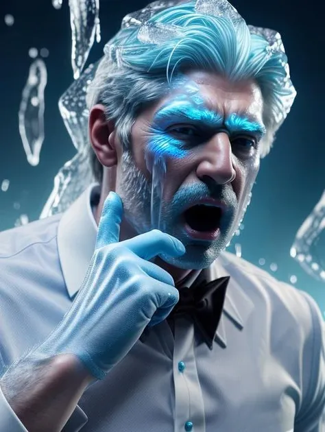 best quality, masterpiece, highres, detailed, realistic, <lora:Tools - add_detail:0.2>, IceElementCh, ice, blue theme, ice body,  <lyco:Change - IceElementCh:0.8>, a surprised man in suit and tie, mouth open, a man looking at his own hand,