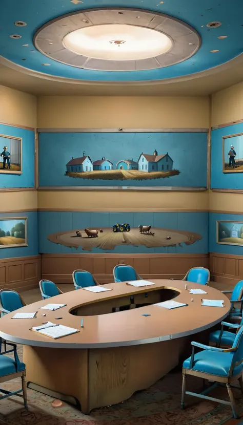 <lora:Everly_Heights_Backgrounds_New_Settings:1> An old dusty boarded-up conference room with a large oval table surrounded by blue chairs. The walls are adorned with faded paintings of farmers with torches terrorizing the town theater. Abandoned room, lost to time.