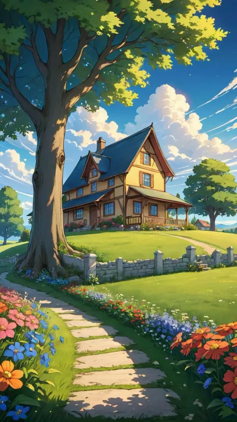 Anime style with detailed line art and sharp focus on lines of a cozy cottage in a vibrant countryside, surrounded by lush green fields and an array of colorful wildflowers. A majestic tree stands prominently beside the house, its intricate leaves and branches casting detailed shadows on the ground. The sky is filled with dramatic, clouds against a deep blue backdrop, captured with sharp, precise lines. The setting sun bathes the scene in warm, golden light, enhancing the magical atmosphere. The focus is on clear, crisp lines, capturing the scene with distance, creating a sense of depth and perspective.<lora:detailed_notrigger:1.0>