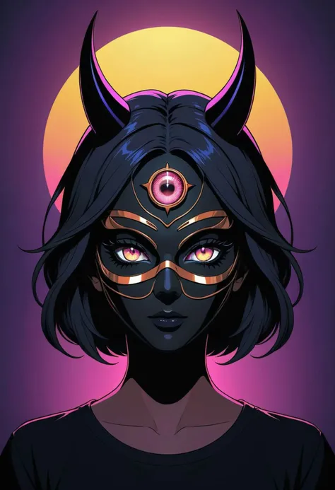 futurism, line art, complementary colors, dreamlike, synthwave t-shirt vector, center composition graphic design, plain background2 mockup of a woman wearing rusty metal devil mask with a shadow on her face,glowing eye iris, shadow casting shadow style cucoloris patterned illumination,shallow depth of field, vignette, highly detailed, high budget, bokeh, cinemascope, moody, epic, gorgeous, film grain, grainy, <lora:add_detail:1>