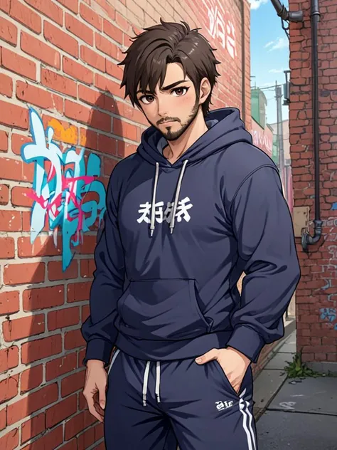Anime sketch of, yaoi, A (dg_DougXLman <lora:dg_DougXL:0.95>, excessively hairy body), wearing a hoodie, pants, leaning against a brick wall, looking to the side, colorful graffiti, text says "GAY", animestyle, Japanese anime