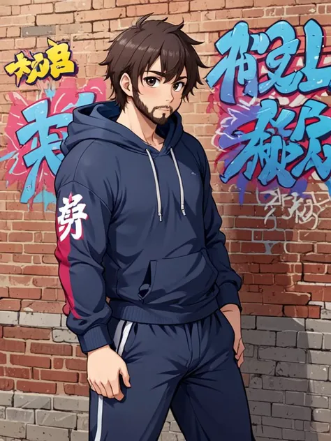 Anime sketch of, yaoi, A (dg_DougXLman <lora:dg_DougXL:0.95>, excessively hairy body), wearing a hoodie, pants, leaning against a brick wall, looking to the side, colorful graffiti, text says "GAY", animestyle, Japanese anime