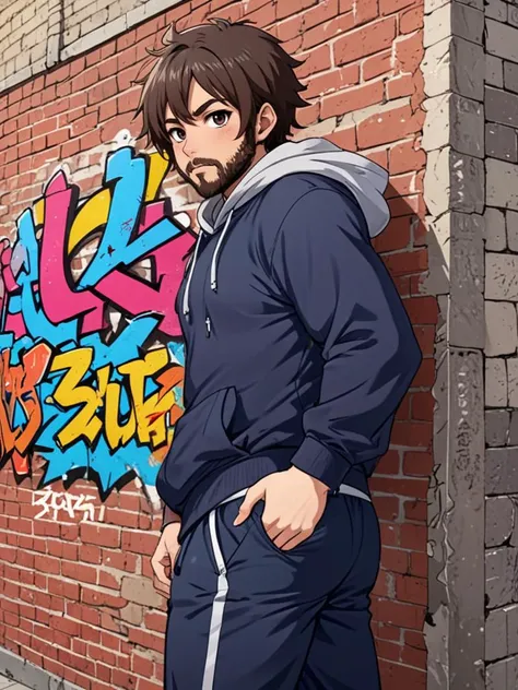 Anime sketch of, A (dg_DougXLman <lora:dg_DougXL:0.95>, excessively hairy body), wearing a hoodie, pants, leaning against a brick wall, looking to the side, colorful graffiti, text says "GAY", animestyle, Japanese anime